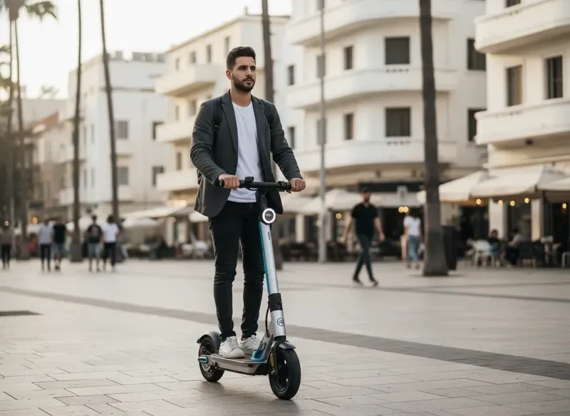 רוכב על קורקינט חשמלי איזיבייק ברחוב עירוני נקי
