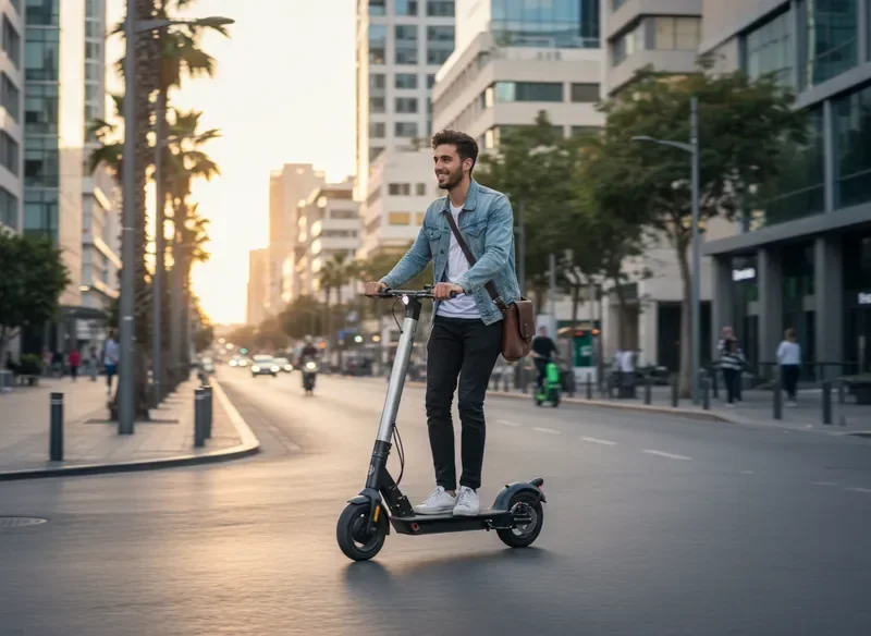 רוכב קורקינט חשמלי איזיבייק ברחוב עירוני מודרני