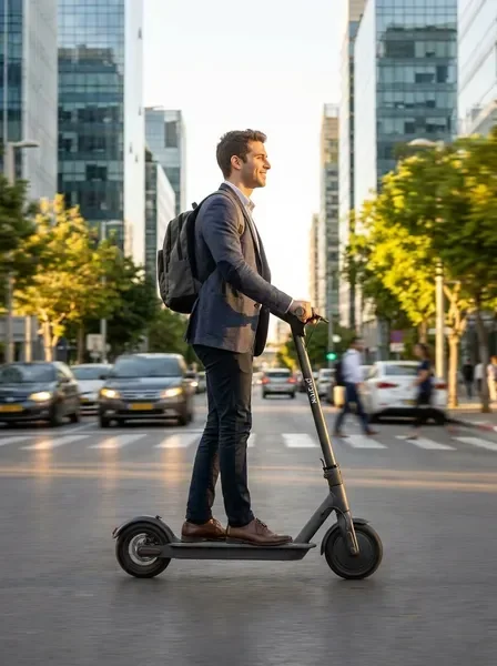 רוכב על קורקינט חשמלי איזיבייק ברחוב עירוני מודרני